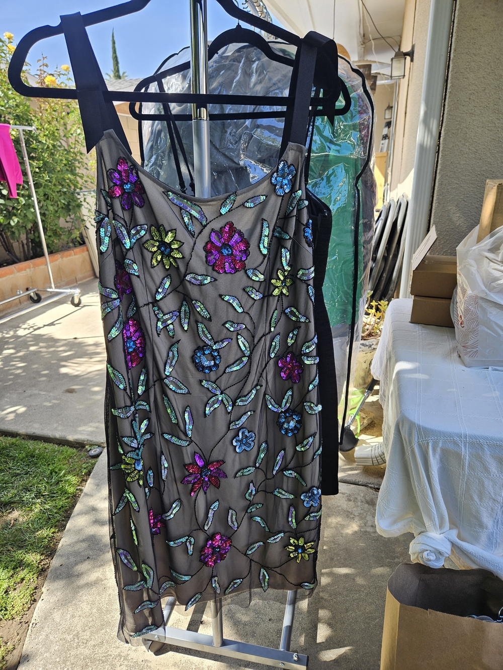 Adrianna Papell Black Sheer Mini Dress with Multicolor Sequin Floral Embroidery